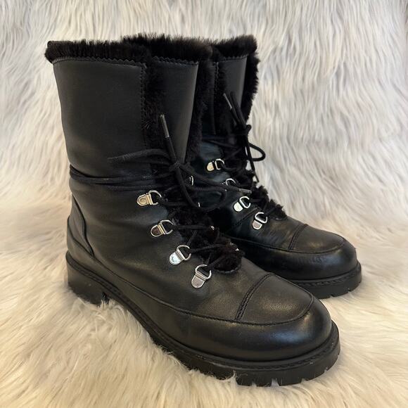 Stuart Weitzman Luge Boots Leather Faux Shearling Lace Up Mid Calf Combat Boots - Picture 12 of 16